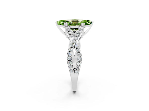 White gold Marquise Cut Peridot Solitaire Ring with Four-Prong Setting and Twisted Pavé Band