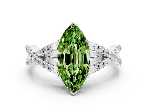White gold Marquise Cut Peridot Solitaire Ring with Four-Prong Setting and Twisted Pavé Band