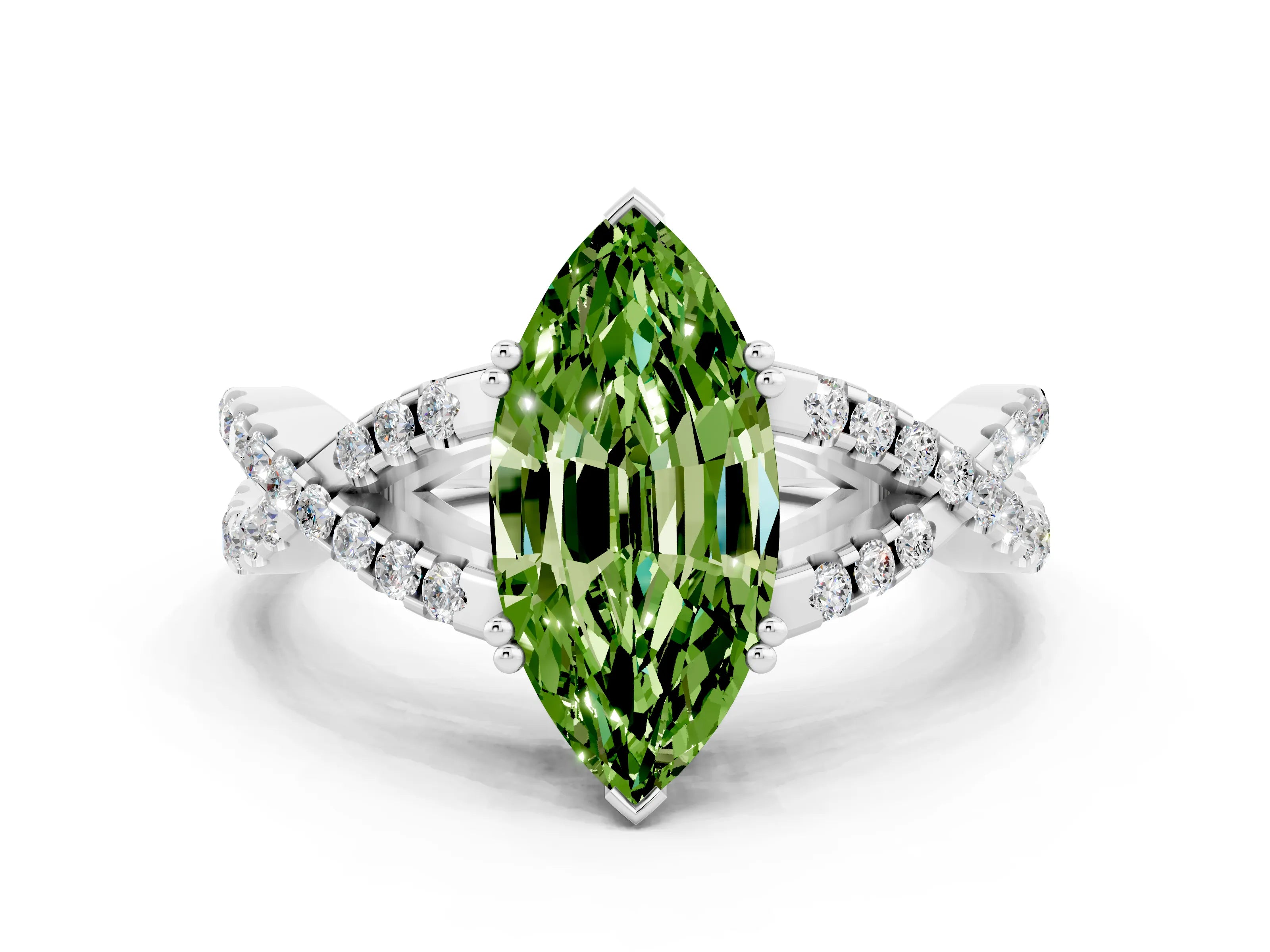 White gold Marquise Cut Peridot Solitaire Ring with Four-Prong Setting and Twisted Pavé Band