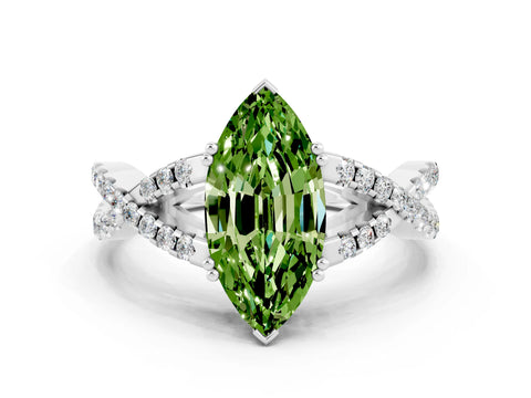 White gold Marquise Cut Peridot Solitaire Ring with Four-Prong Setting and Twisted Pavé Band