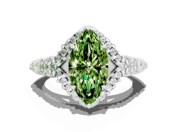 White gold Marquise Cut Peridot Solitaire Ring with Hidden Halo and Pavé Band