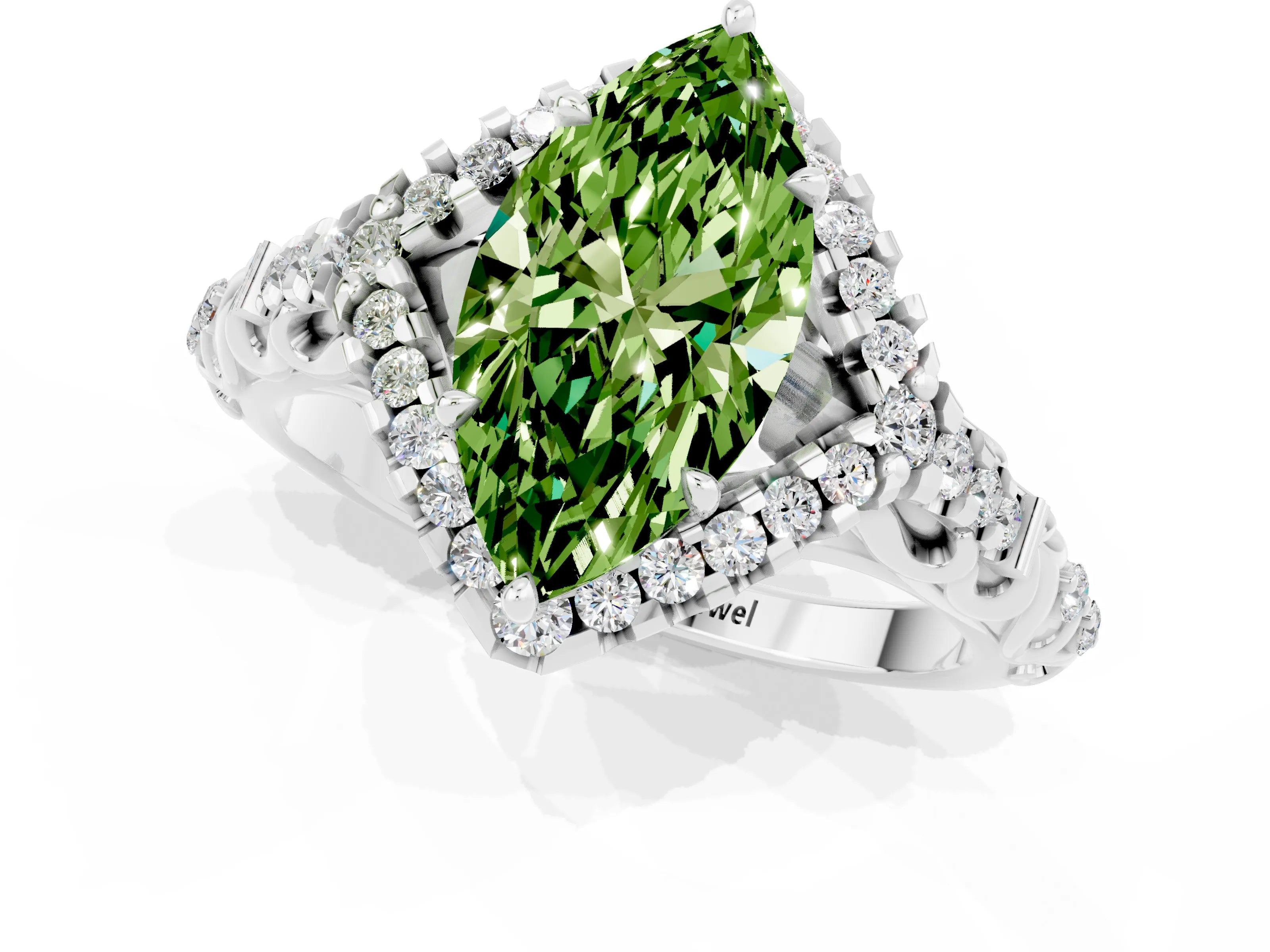 White gold Marquise Cut Peridot Solitaire Ring with Hidden Halo and Pavé Band_43