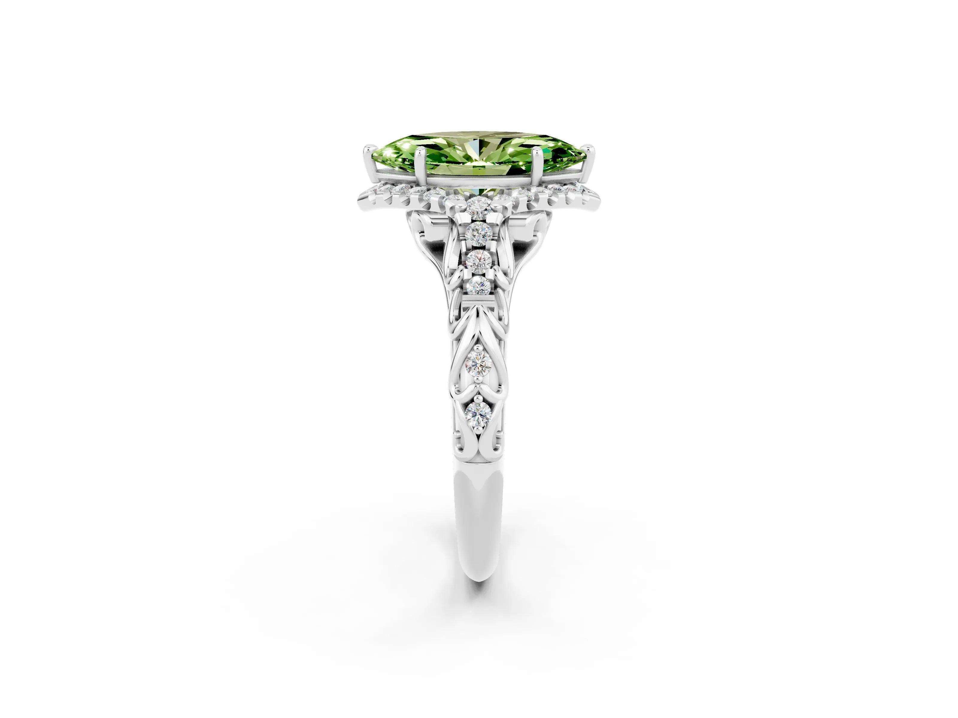 White gold Marquise Cut Peridot Solitaire Ring with Hidden Halo and Pavé Band_44