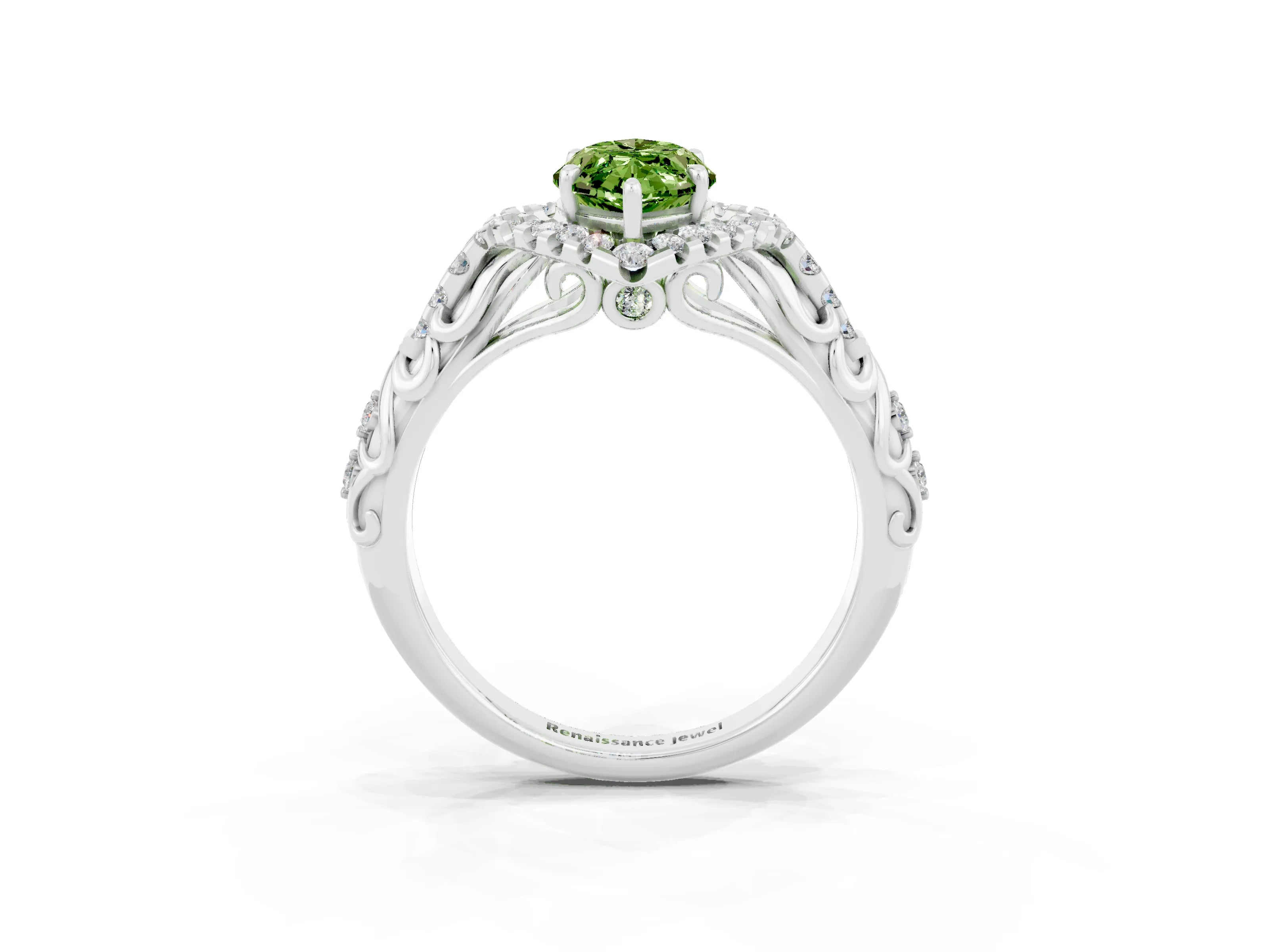 White gold Marquise Cut Peridot Solitaire Ring with Hidden Halo and Pavé Band_45
