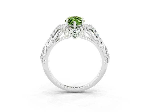 Silver Marquise Cut Peridot Solitaire Ring with Hidden Halo and Pavé Band
