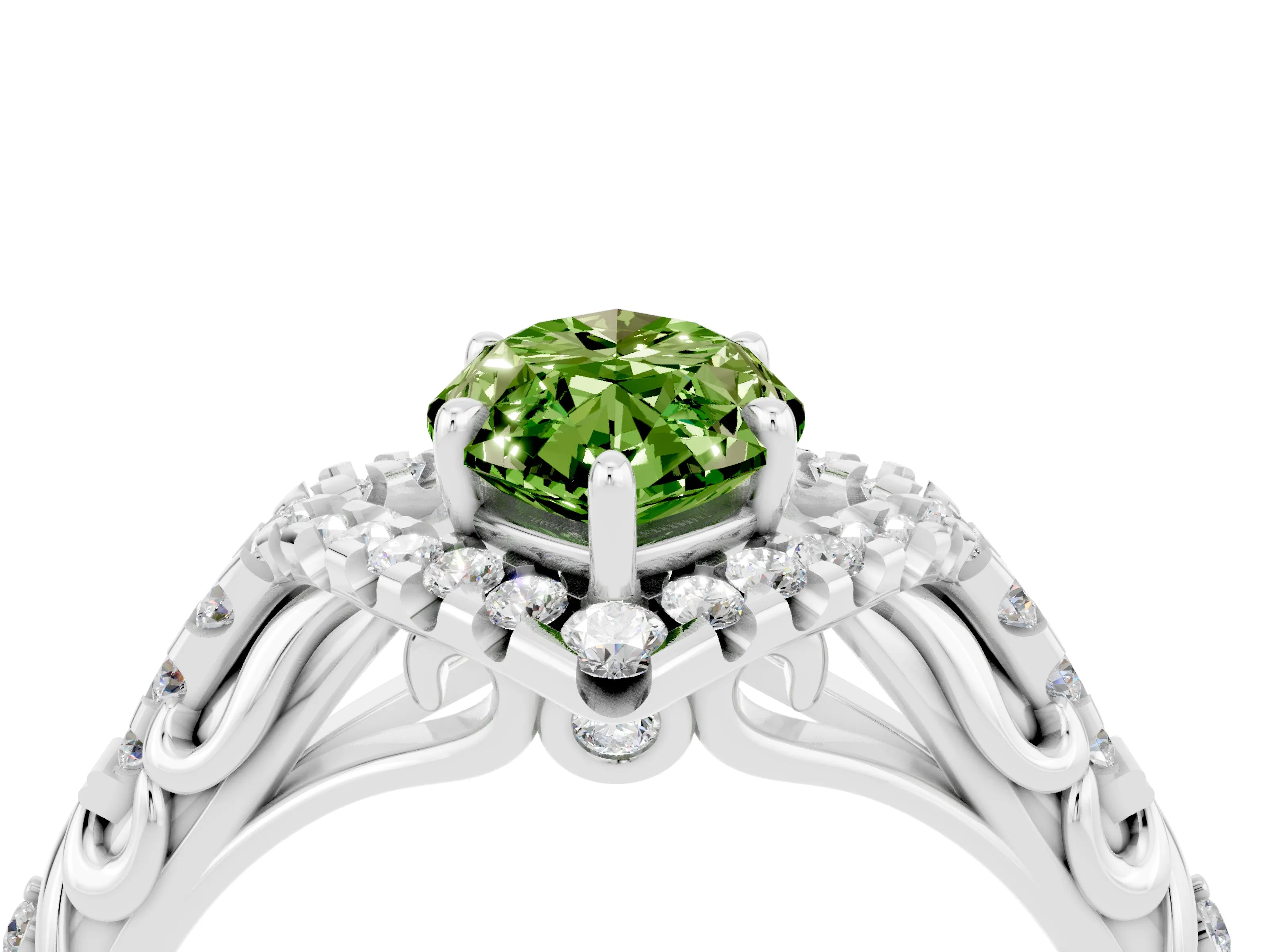White gold Marquise Cut Peridot Solitaire Ring with Hidden Halo and Pavé Band_46