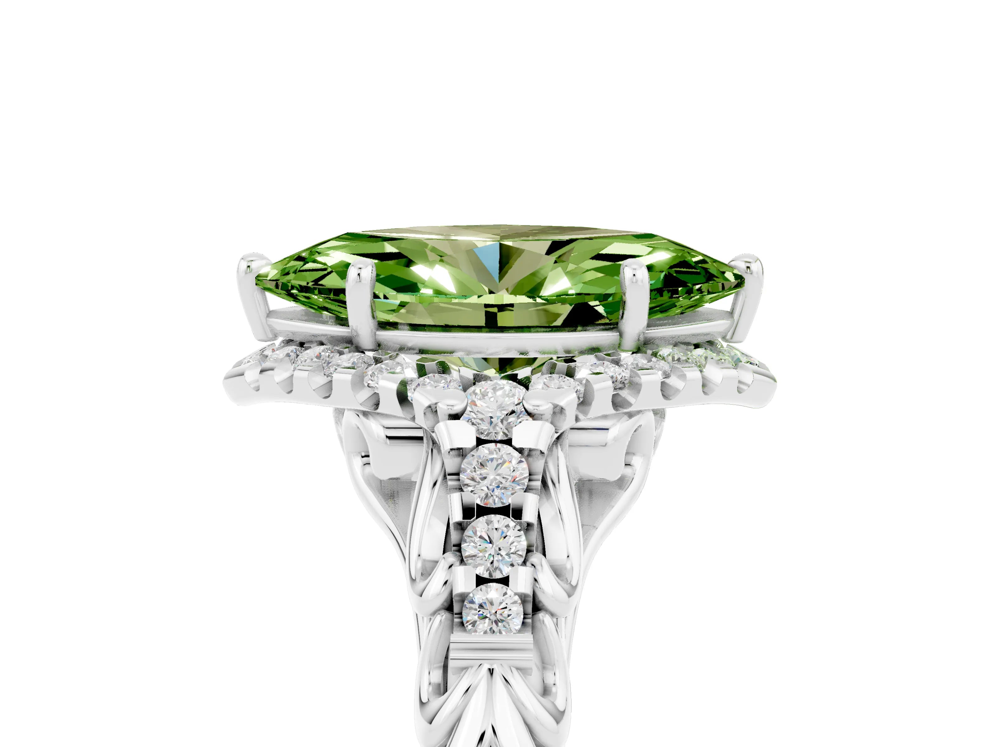 White gold Marquise Cut Peridot Solitaire Ring with Hidden Halo and Pavé Band_47