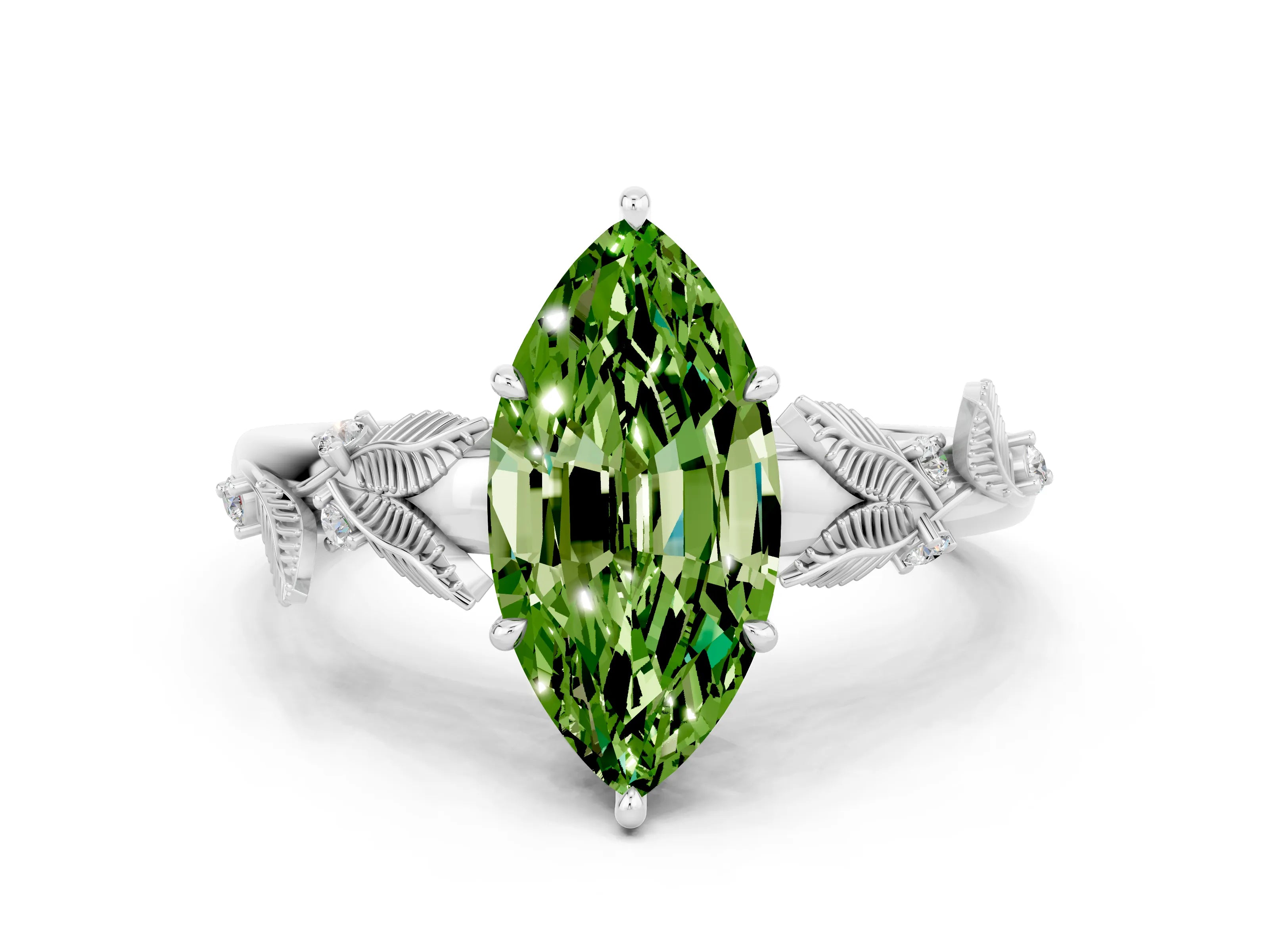 White gold Marquise Cut Peridot Solitaire Ring with Leaf Motif Band and Four-Prong Setting
