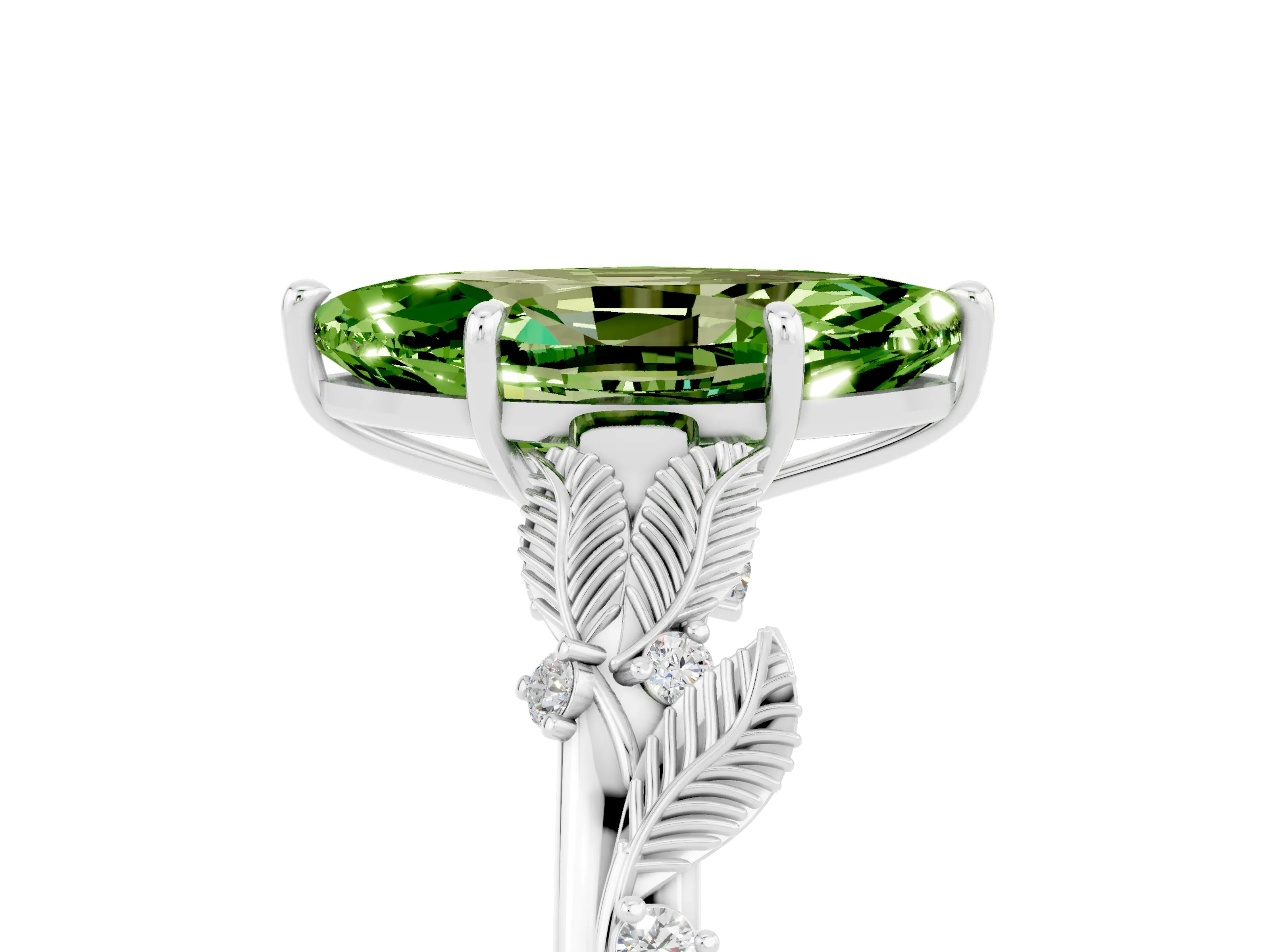 White gold Marquise Cut Peridot Solitaire Ring with Leaf Motif Band and Four-Prong Setting_17