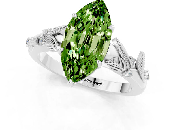 Silver Marquise Cut Peridot Solitaire Ring with Leaf Motif Band and Four-Prong Setting