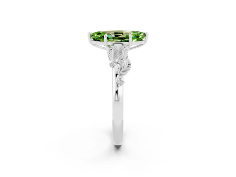 White gold Marquise Cut Peridot Solitaire Ring with Leaf Motif Band and Four-Prong Setting_2