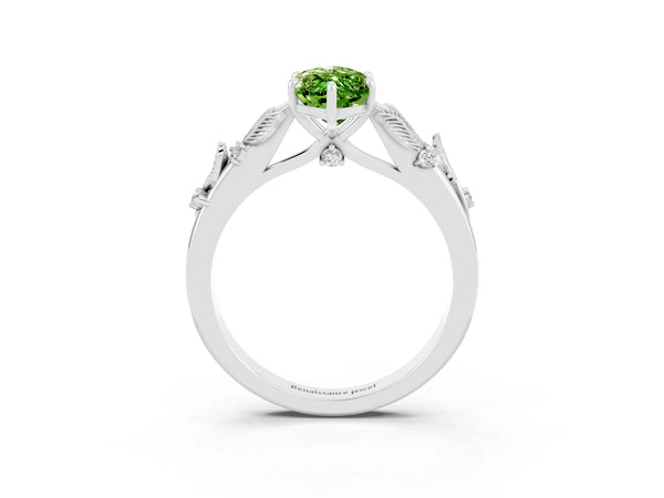 Platinum Marquise Cut Peridot Solitaire Ring with Leaf Motif Band and Four-Prong Setting