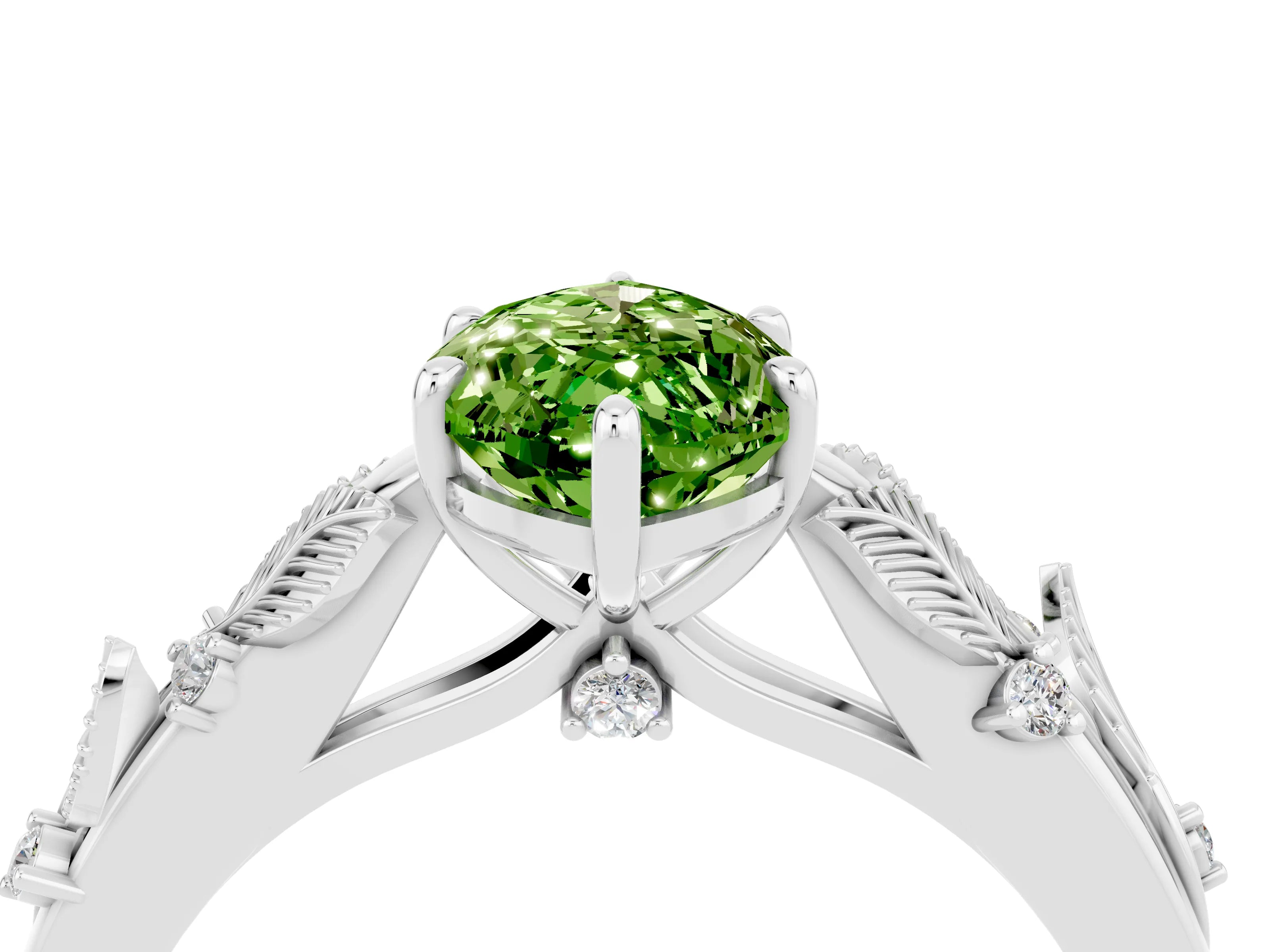 White gold Marquise Cut Peridot Solitaire Ring with Leaf Motif Band and Four-Prong Setting_4