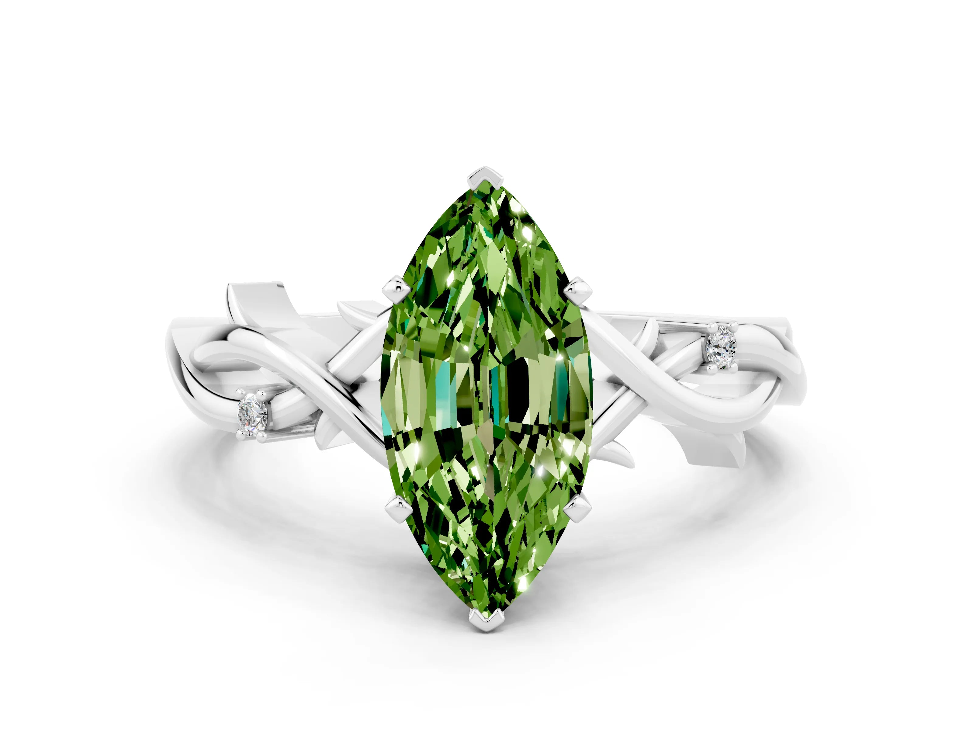 White gold Marquise Cut Peridot Solitaire Ring with Milgrain Pavé Band and Four-Prong Setting_12