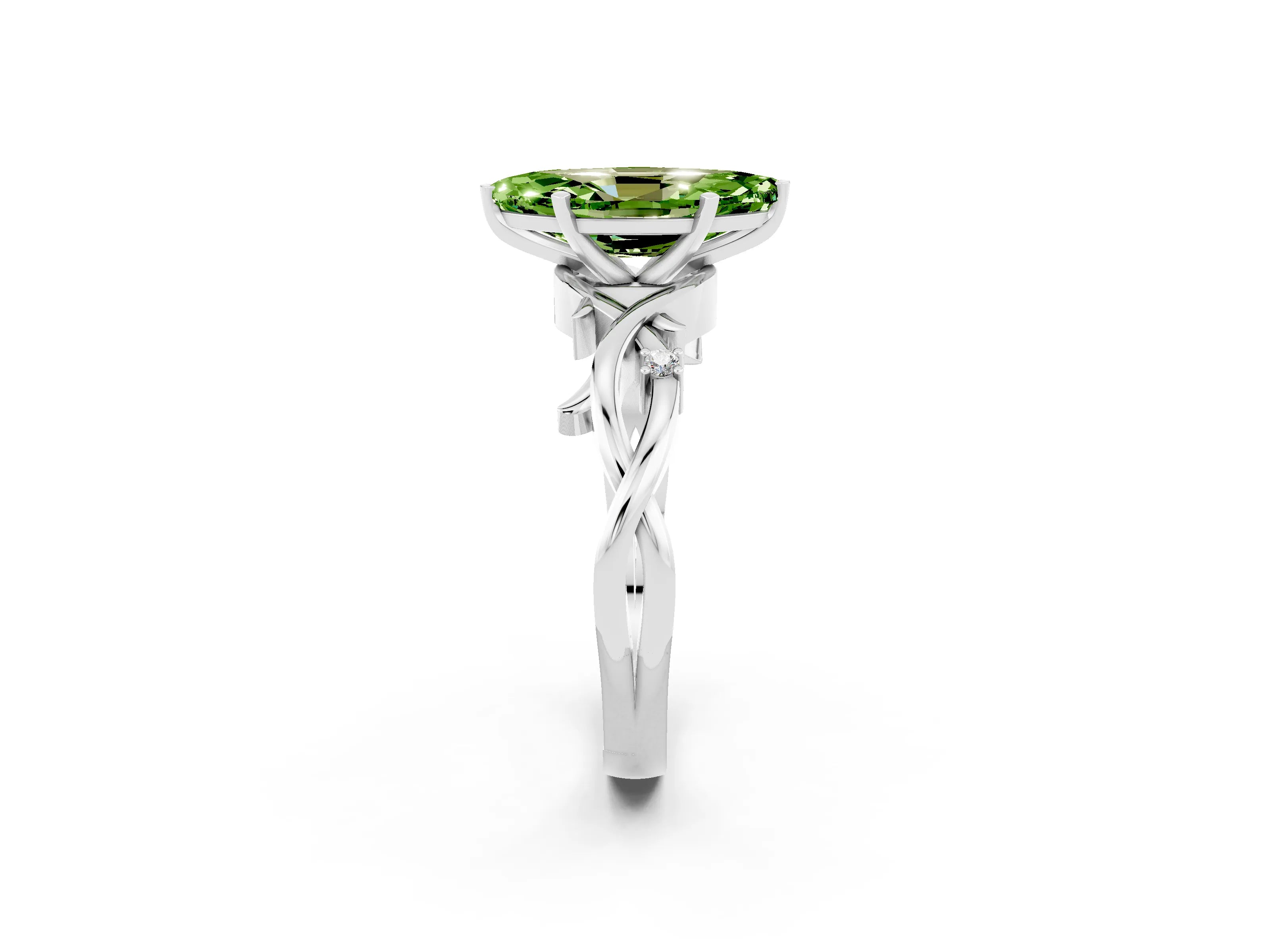 White gold Marquise Cut Peridot Solitaire Ring with Milgrain Pavé Band and Four-Prong Setting_14