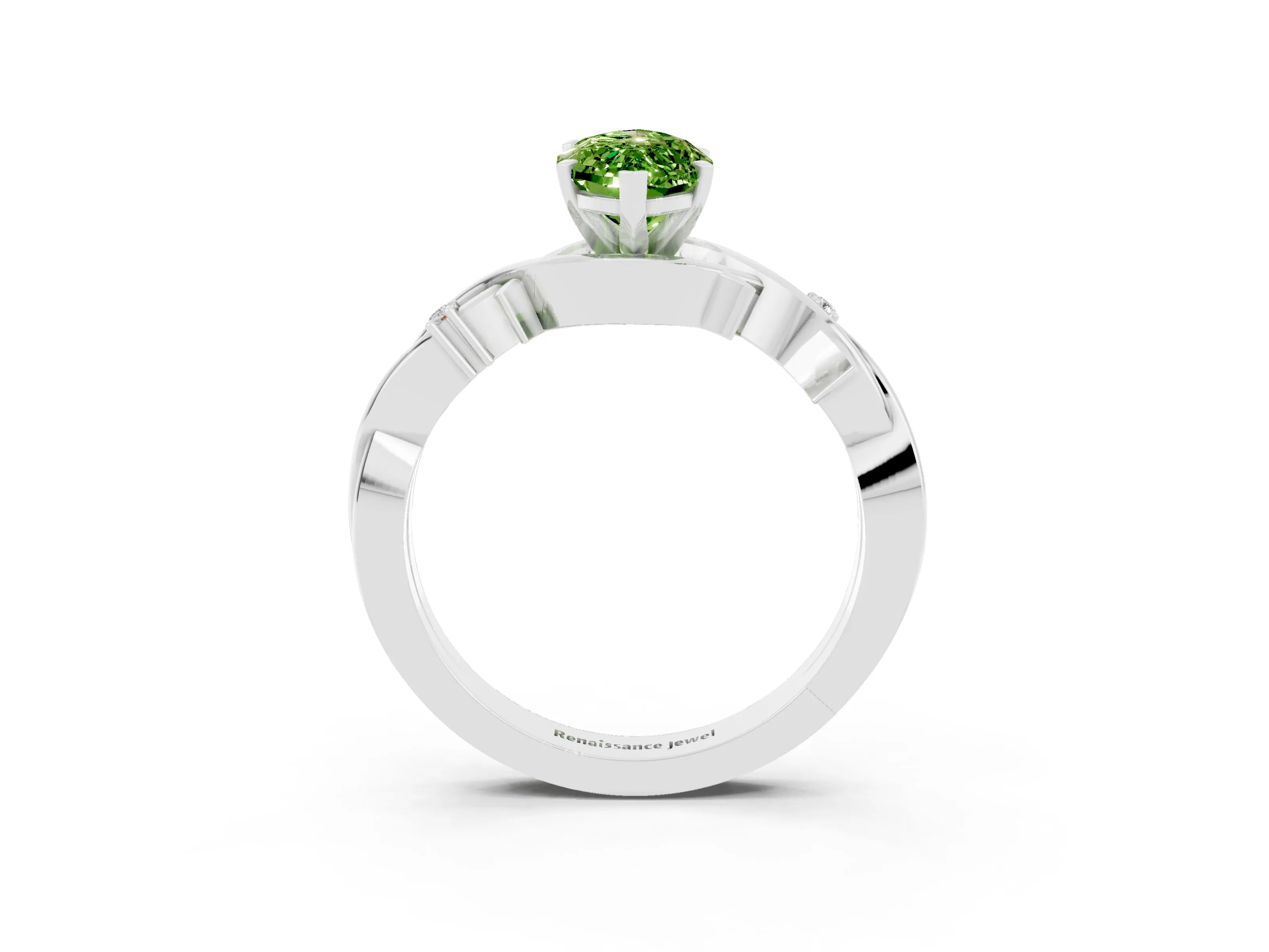 White gold Marquise Cut Peridot Solitaire Ring with Milgrain Pavé Band and Four-Prong Setting_15