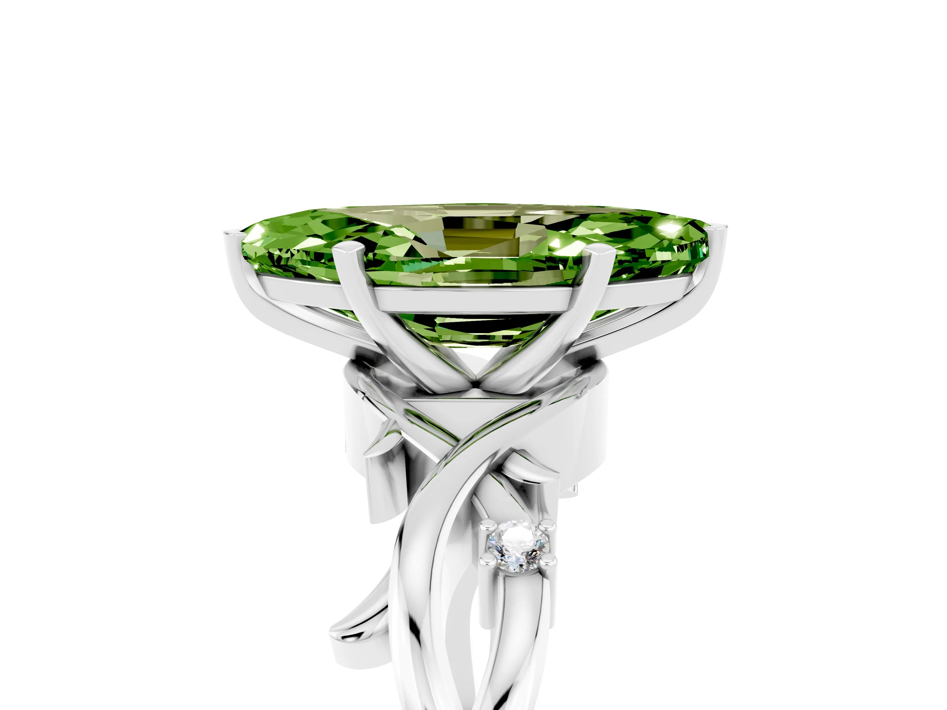 White gold Marquise Cut Peridot Solitaire Ring with Milgrain Pavé Band and Four-Prong Setting_17