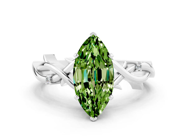 White gold Marquise Cut Peridot Solitaire Ring with Milgrain Pavé Band and Four-Prong Setting