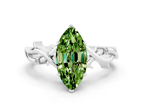 White gold Marquise Cut Peridot Solitaire Ring with Milgrain Pavé Band and Four-Prong Setting_36