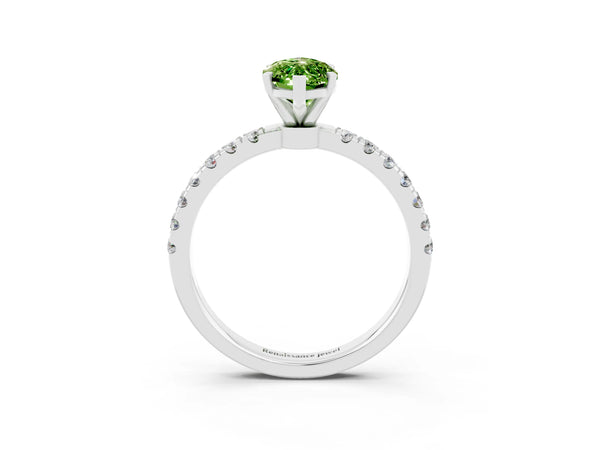 Platinum Marquise Cut Peridot Solitaire Ring with Pavé Accents and Four-Prong Setting