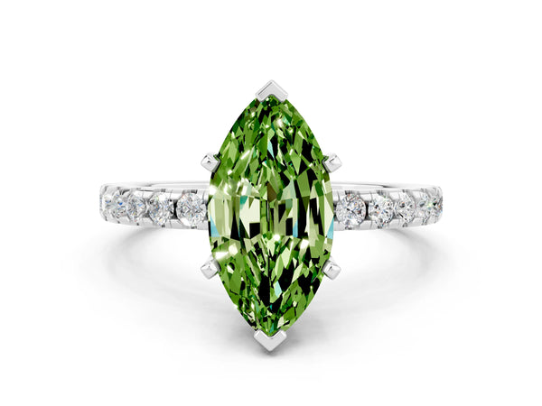 Silver Marquise Cut Peridot Solitaire Ring with Round  Pavé Band and Four-Prong Setting