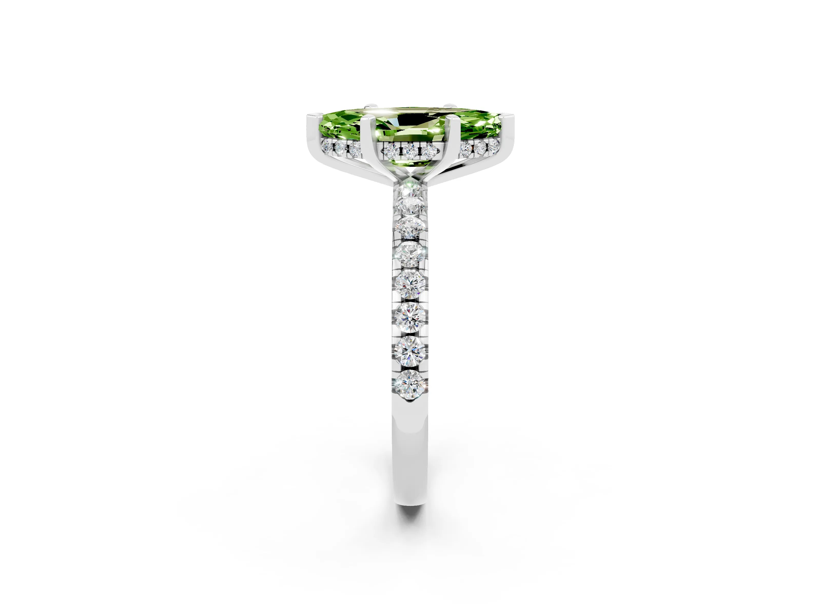 White gold Marquise Cut Peridot Solitaire Ring with Pavé Band and Four-Prong Setting_26