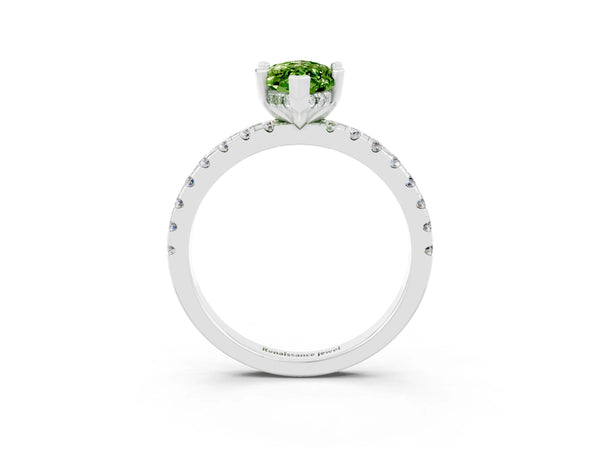 Platinum Marquise Cut Peridot Solitaire Ring with Round  Pavé Band and Four-Prong Setting