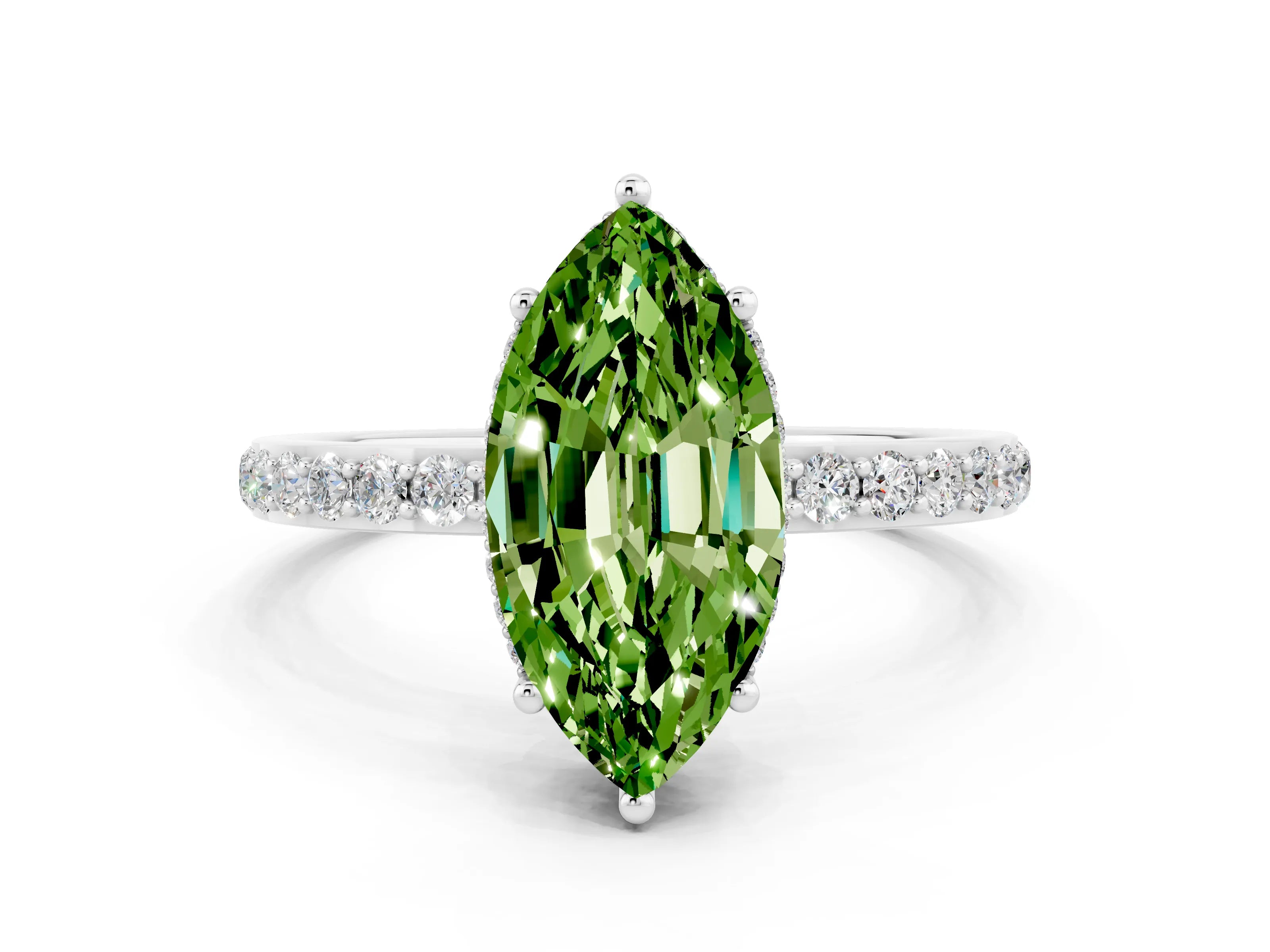 White gold Marquise Cut Peridot Solitaire Ring with Pavé Band and Hidden Halo