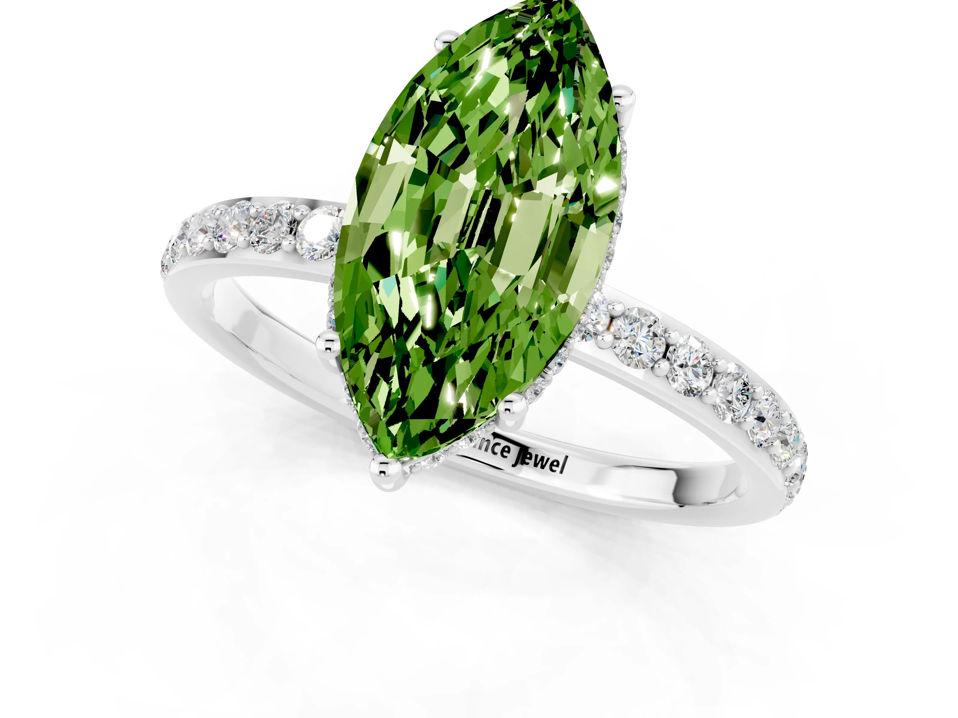 White gold Marquise Cut Peridot Solitaire Ring with Pavé Band and Hidden Halo_1