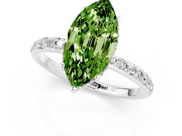 Platinum Marquise Cut Peridot Solitaire Ring with Pavé Band and Hidden Halo