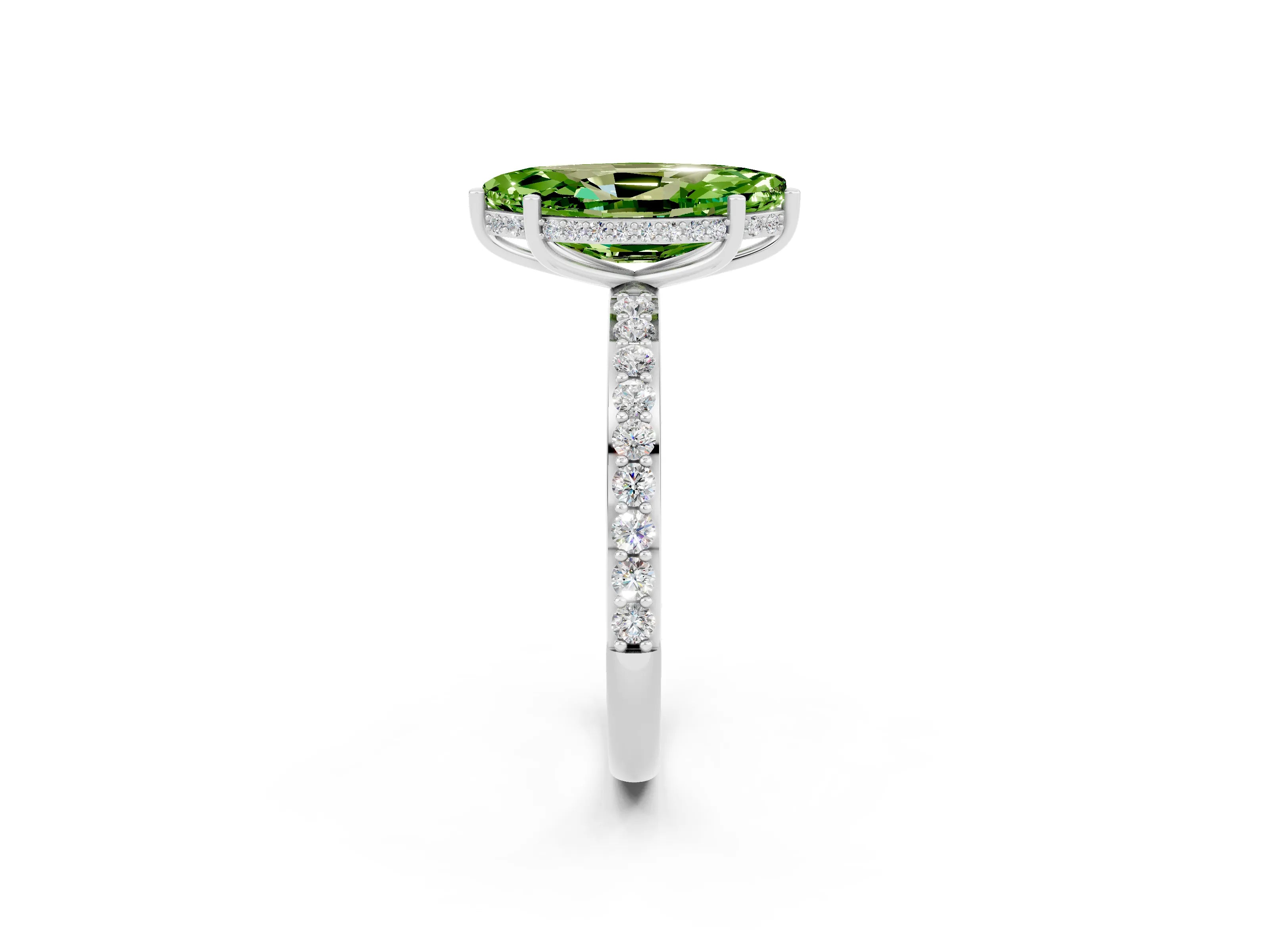 White gold Marquise Cut Peridot Solitaire Ring with Pavé Band and Hidden Halo_26