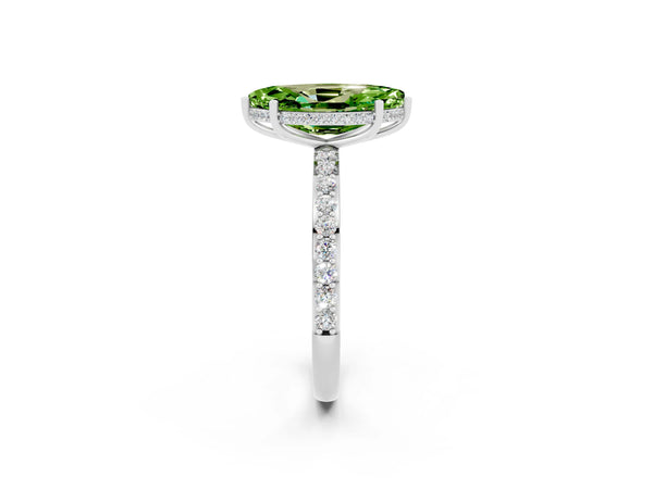 Silver Marquise Cut Peridot Solitaire Ring with Pavé Band and Hidden Halo
