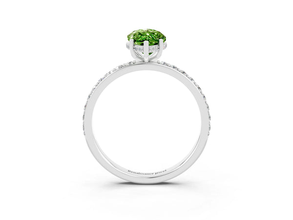 Silver Marquise Cut Peridot Solitaire Ring with Pavé Band and Hidden Halo