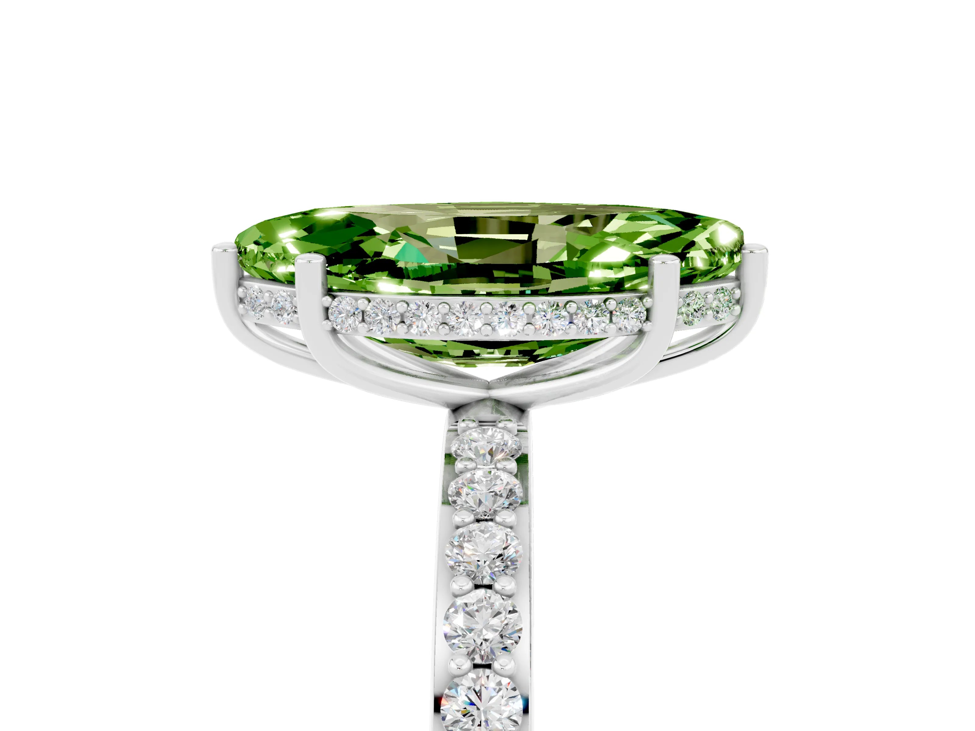 White gold Marquise Cut Peridot Solitaire Ring with Pavé Band and Hidden Halo_5