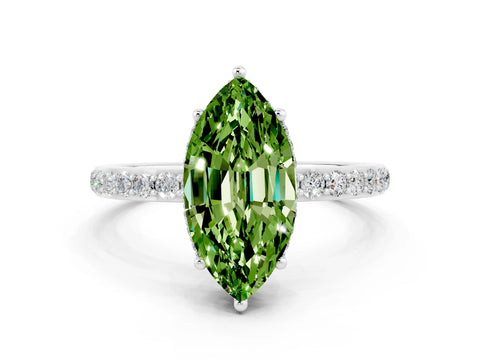 White gold Marquise Cut Peridot Solitaire Ring with Pavé Band and Hidden Halo