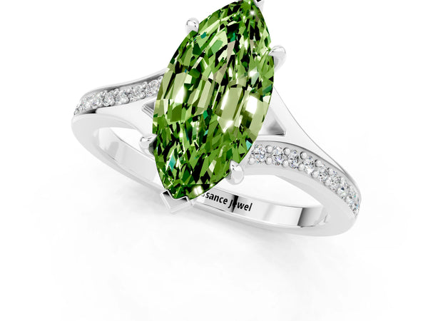 White gold Marquise Cut Peridot Solitaire Ring with Pavé Band and Prong Setting