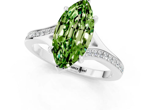 White gold Marquise Cut Peridot Solitaire Ring with Pavé Band and Prong Setting_1