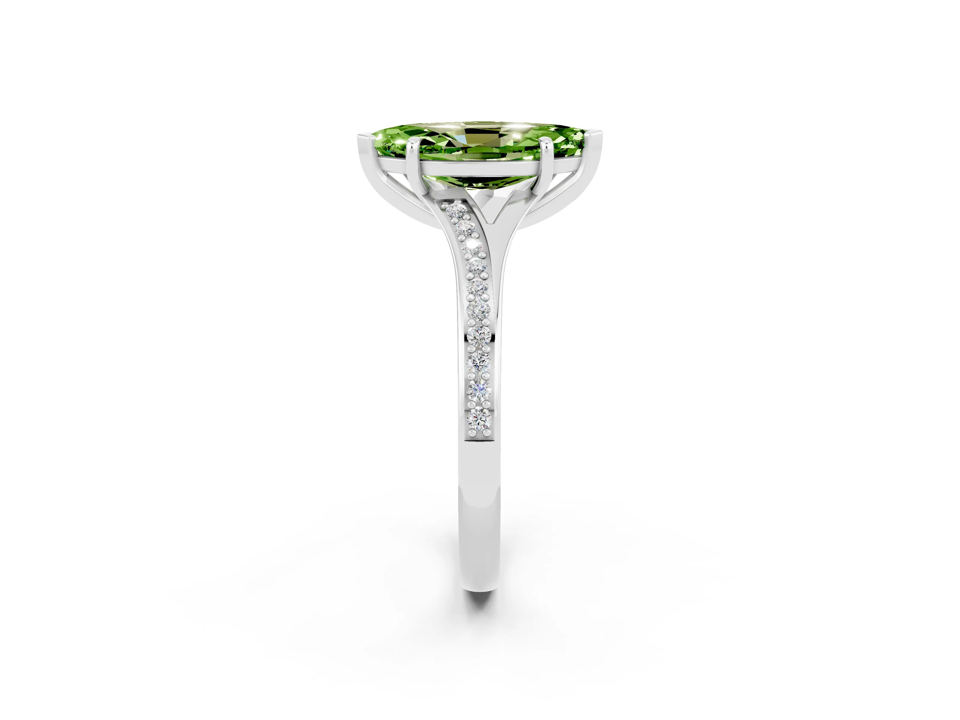 White gold Marquise Cut Peridot Solitaire Ring with Pavé Band and Prong Setting_2