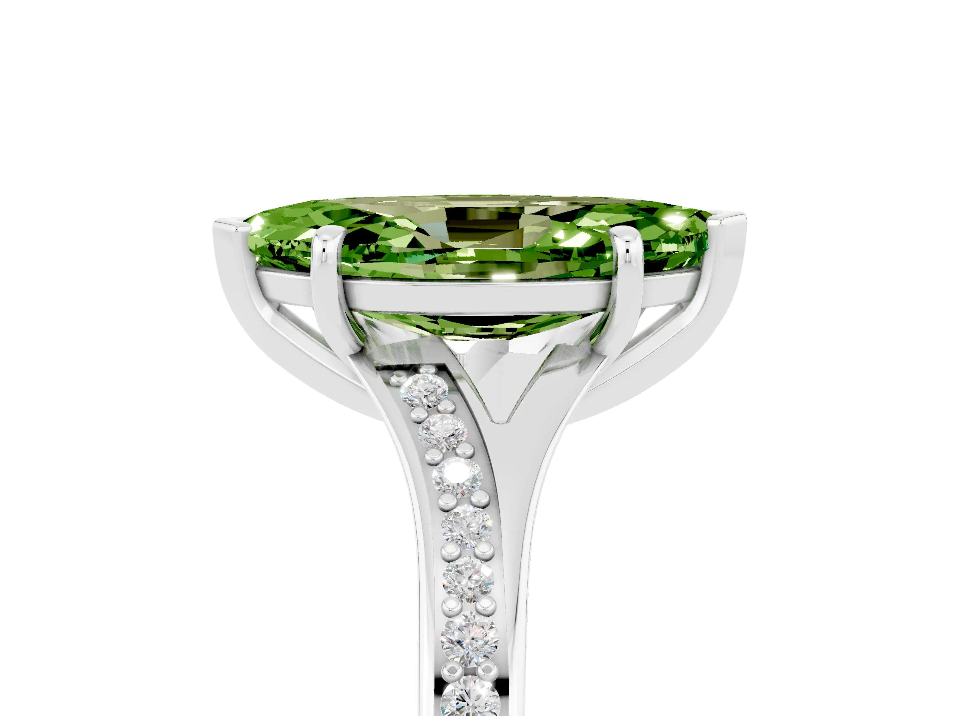 White gold Marquise Cut Peridot Solitaire Ring with Pavé Band and Prong Setting_5