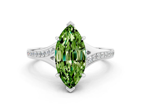 White gold Marquise Cut Peridot Solitaire Ring with Pavé Band and Prong Setting