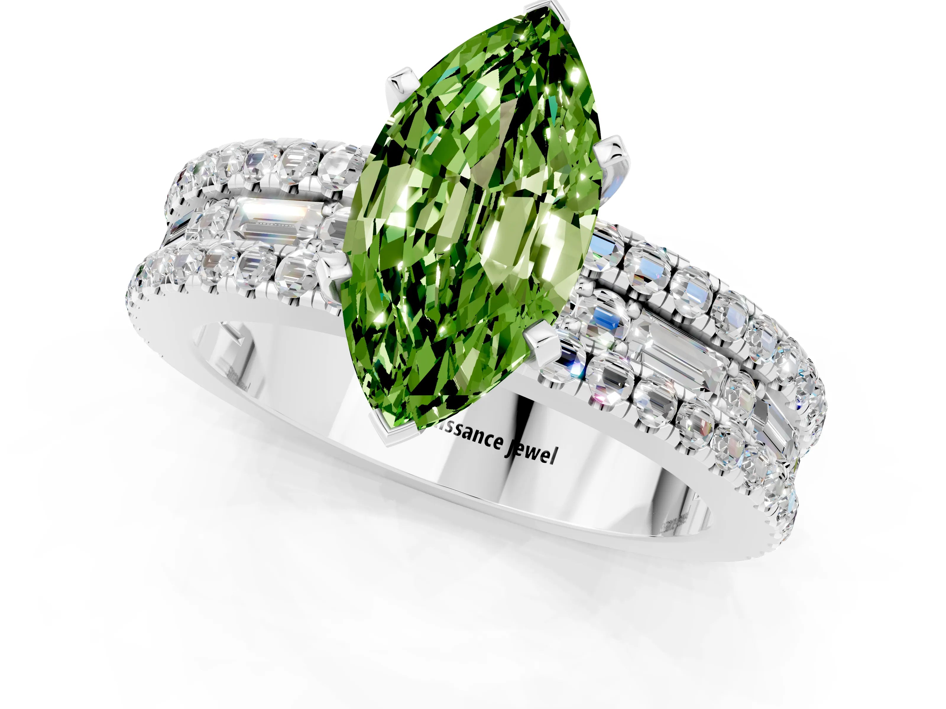 White gold Marquise Cut Peridot Solitaire Ring with Pavé and Channel Set Band_1