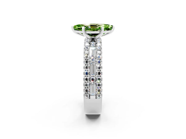 Silver Marquise Cut Peridot Solitaire Ring with Pavé and Channel Set Band