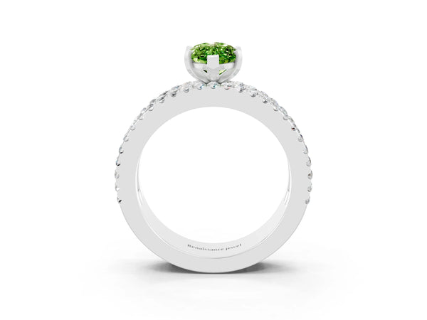 Platinum Marquise Cut Peridot Solitaire Ring with Pavé and Channel Set Band