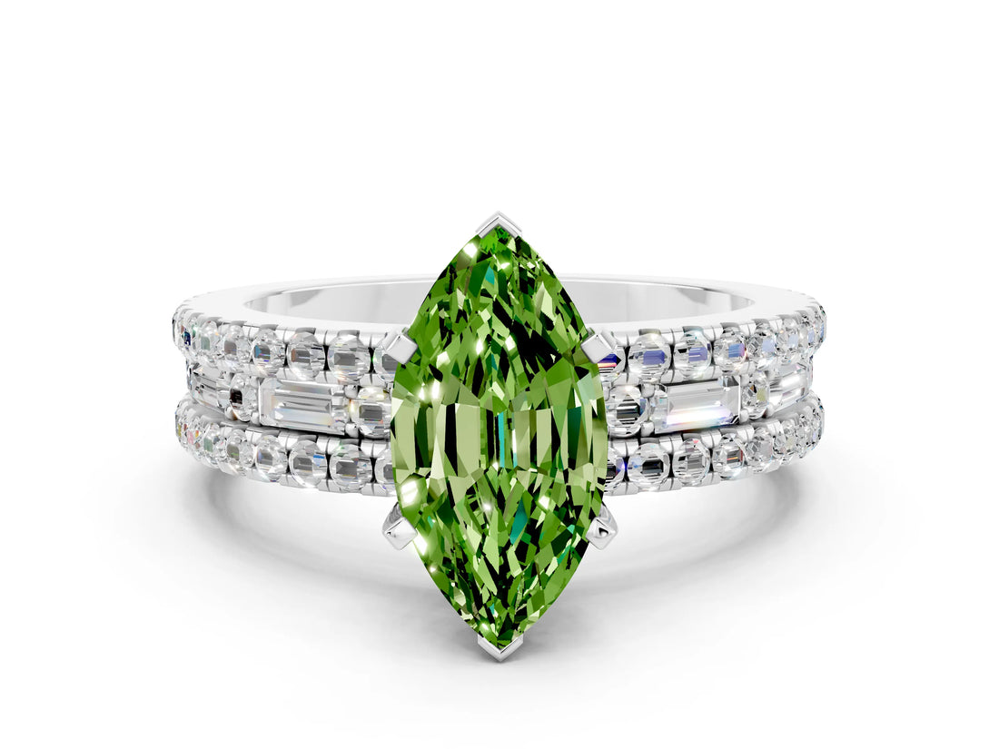 White gold Marquise Cut Peridot Solitaire Ring with Pavé and Channel Set Band