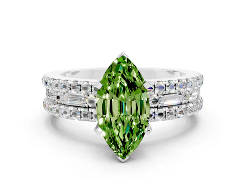 White gold Marquise Cut Peridot Solitaire Ring with Pavé and Channel Set Band