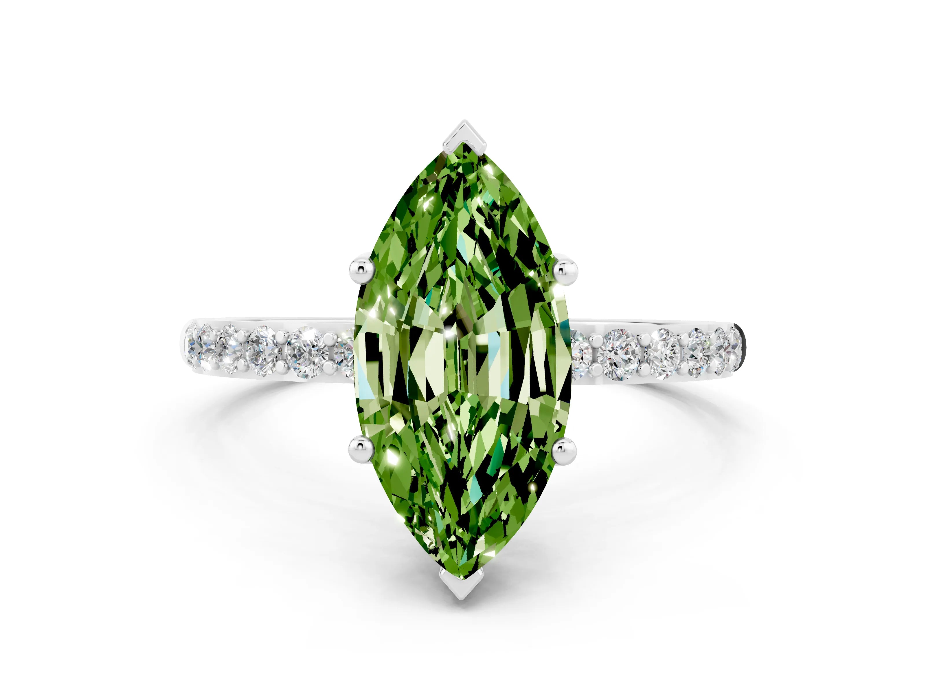 White gold Marquise Cut Peridot Solitaire Ring with Pave Band and Four Prong Setting_24