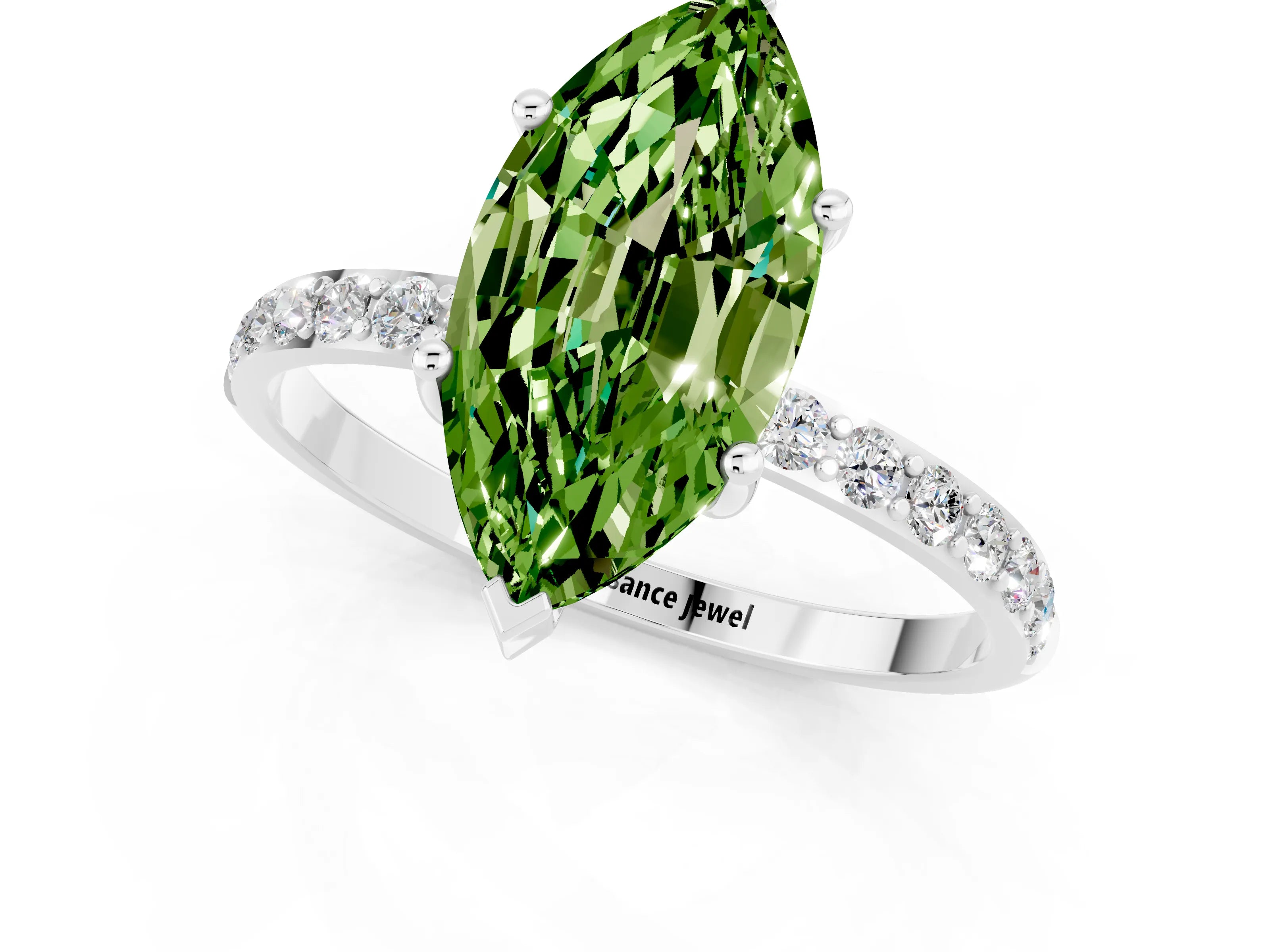 White gold Marquise Cut Peridot Solitaire Ring with Pave Band and Four Prong Setting_25
