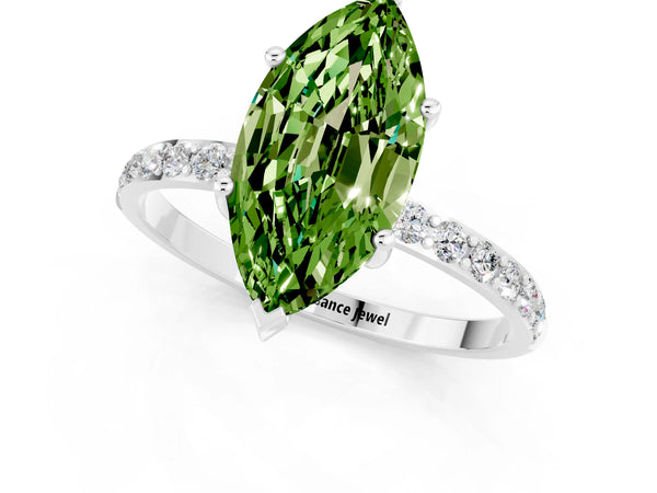 White gold Marquise Cut Peridot Solitaire Ring with Round  Pavé Band and Prong Setting