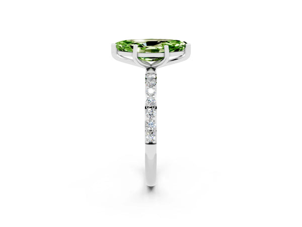 White gold Marquise Cut Peridot Solitaire Ring with Round  Pavé Band and Prong Setting