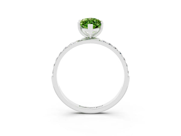 Platinum Marquise Cut Peridot Solitaire Ring with Round  Pavé Band and Prong Setting